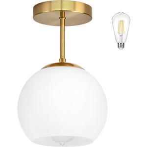 Gold Semi Flush Mount Ceiling Light Fixture Milk Glass Light Fixture Mid Century Flush Mount Ceiling Lights Brass Flush Mount Ceiling Schoolhouse Lights for Dining Room(Bulb Incl.) (7"-Opal Gold)