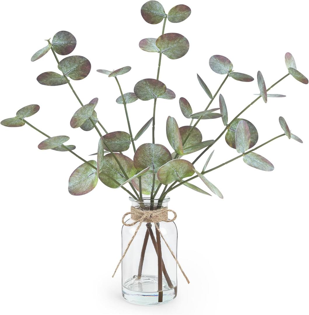 Fall Fake Eucalyptus Stems in Glass Vase with Faux Water 14" Fake Fall Plants with Artificial Eucalyptus Leaves Fall Decorations for Home Bathroom Desk Coffee Table Centerpiece Office Farmhouse Decor