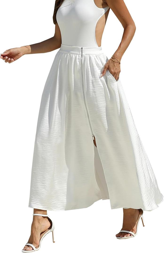MOLABYZ Zip Wrap Skirt Boho Maxi A-Line Flowy Beach Vacation Resort Casual Cocktail Formal Wedding Guest Slit Front Elastic Waist Long Skirt with Pockets (US, Alpha, Small, Regular, Regular, White)