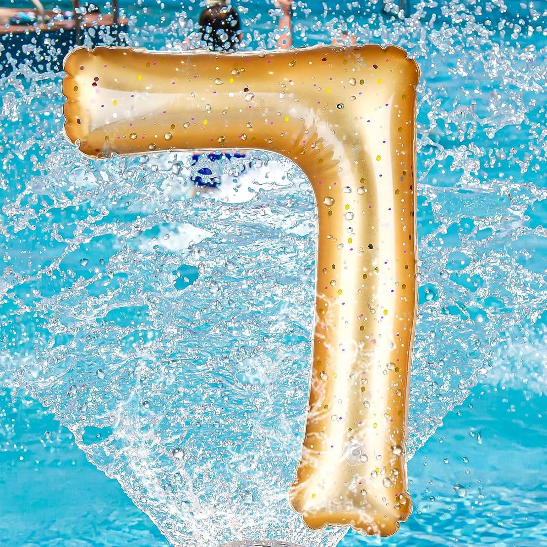 Foilswirl Pool Number 0-9 Floats 20'' Inflatable Gold Birthday Pool Party Decoration Large Inflatable Floating Balloons for Summer Graduation Party Supplies Swimming Indoor Outdoor Backdrop(Number 7)