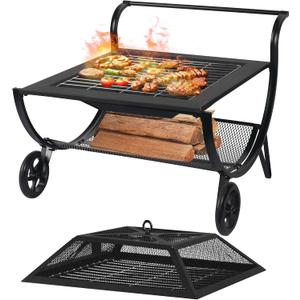 Outdoor Fire Pit with Wheels and Log Rack, Portable Fireplace Wood Burning for Garden, Patio, and Backyard - Includes Mesh Screen and Fire Poker, Fire Pits & Outdoor Fireplaces