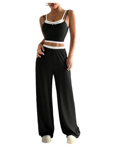 Floerns Women's Two Piece Summer Outfit 2 in 1 Sleeveless Crop Cami Top & High Waisted Pants Set Black X-Small