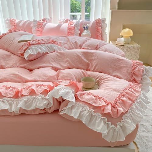 Shabby Chic 2 Pieces Bedding,Vintage Ruffled Twin Duvet Cover Set with 2 Layers Ruffles,Soft Brushed Microfiber Set with Zipper Closure,Lightweight Duvet Cover Set-Pink,Twin