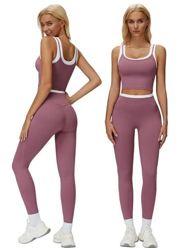 1 Piece Workout Sets for Women Racerback Color Block Tank Top Matching High Waist Tummy Control Leggings Clothes Womens ONE Piece Athletic Set Gym Wear Active Yoga Outfits U Back Purple L