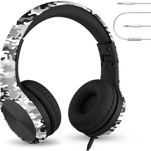 LilGadgets Connect+ Pro Wired Kids Headphones for School with Microphone, Volume Limiting Over-Ear Headset with Cord, SharePort Technology & SoftTouch Padding, Snow Camo (Printed, Black/Grey)