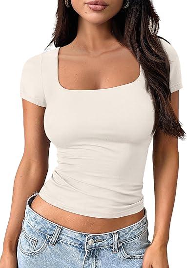 Trendy Queen Tshirts Shirts for Women Double Lined Going Out Crop Tops 2025 Spring Summer Workout Y2k Clothes Beach Fashion (Small, White)