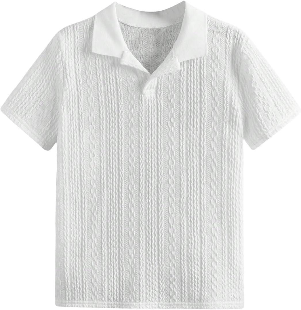 Verdusa Boys Button Down Dress Shirt Tops Short Sleeve Collar Textured Tee Shirts (14 Years, White)