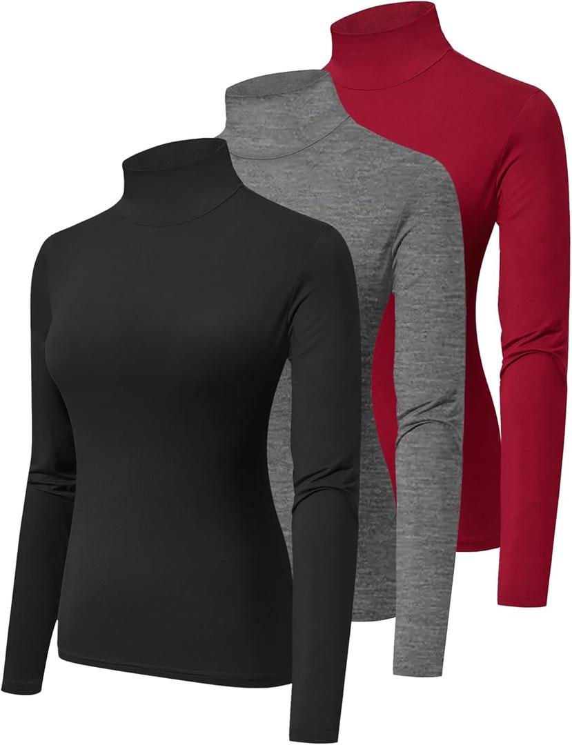HOPLYNN 3 Pack Turtlenecks Women Long Sleeve Pullover Baselayer Undershirts Tops Turtle Neck Mock Shirts (XX-Large, Black Wine Grey)