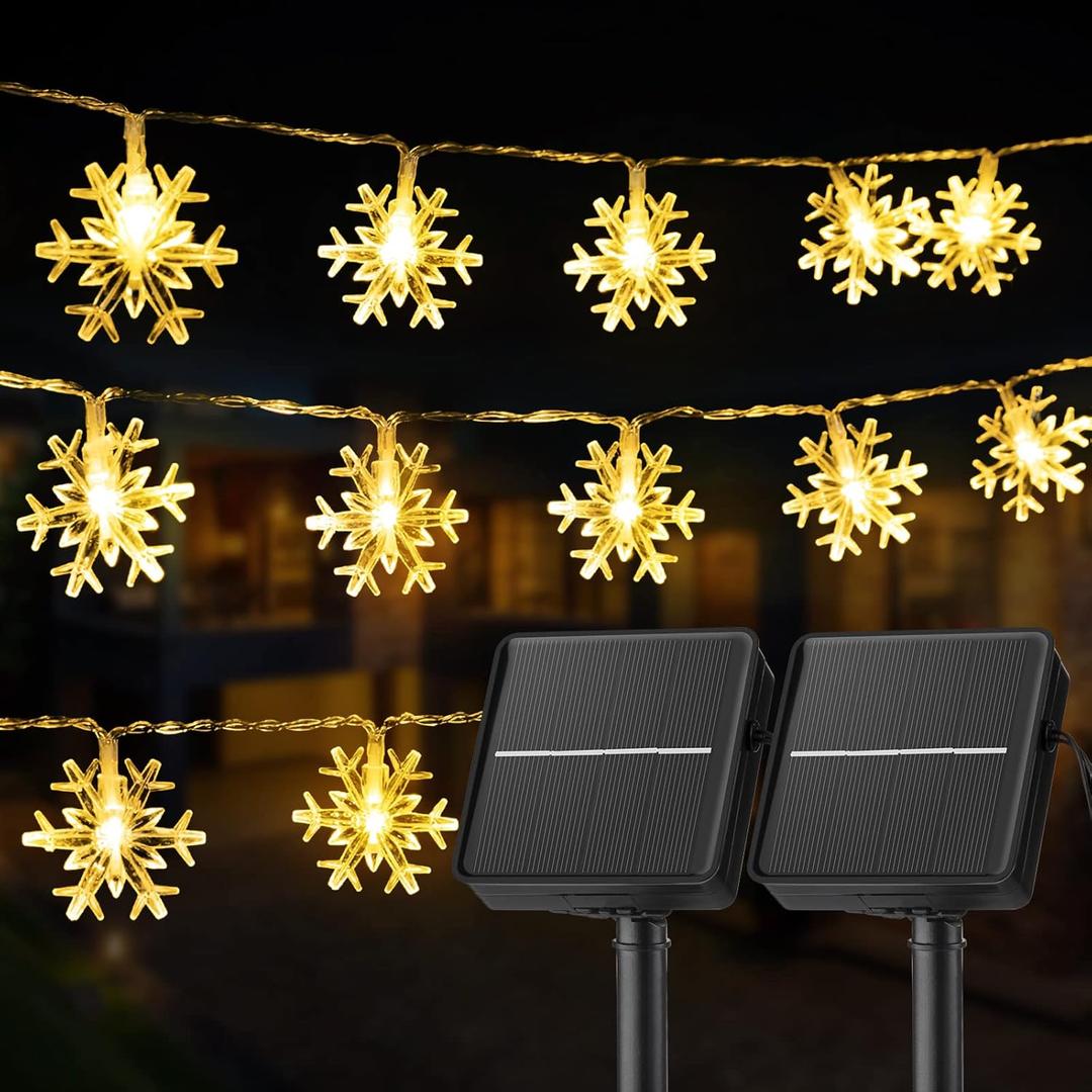 Brightown Solar Christmas Snowflake String Lights 2-Pack 100 LED 78FT Outdoor Waterproof Fairy Lights with 8 Lighting Modes for Wedding, Party, Tree, Room, Garden, Patio, Yard, Home (Warm White)