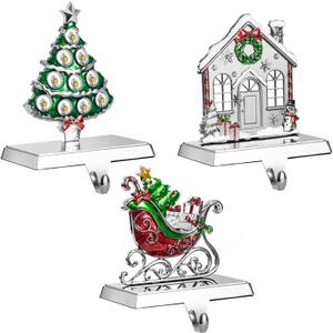 GUOER 3 Pack Christmas Stocking Holder Set for Mantle Christmas Decorations Mantle Fireplace Topper-House, Sleigh and Christmas Tree Hangers Decorative Metal Hanger