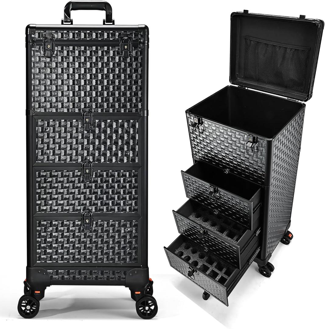 Salon Cart with 3 Drawers, Nail Trolley Cart with Wheels Salon Station Rolling Makeup Train Case Cosmetology Case Organizer Cases for Nail Tech,SPA,Face Painting,Hairstylist,Makeup Artist (Black)