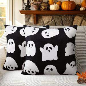 JASEN Halloween Ghost Pillow Covers 18x18 Inch Soft Faux Fur Decorative Pillowcases for Sofa Couch Bed Living Room Home Decor Set of 2