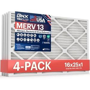 BNX TruFilter 16x25x1 Air Filter MERV 13 (2-Pack) - MADE IN USA - Electrostatic Pleated Air Conditioner HVAC AC Furnace Filters for Allergies, Pollen, Mold, Bacteria, Smoke, Allergen, MPR 1900 FPR 10