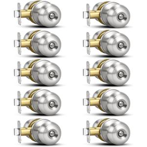 Plustool 10 Pack Brushed Nickel Door Knobs,Privacy Door Knob with Lock, Interior Doorknobs Silver, Keyless Door Locks Set for Bedrooms Bathrooms, Reversible for Left/Right Door Handle