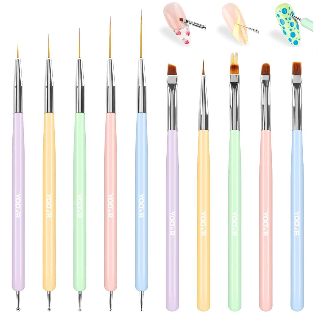 YOOVR 10 Pcs Nail Art Brushes Set, Nail Dotting Tools, French Tip Tool, Nail Art Deign Tools with Builder Gel Brush Polish Extension Brush Thin Liner Detail Painting Brushes, Nail Tech Supplies Kit