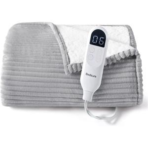 Bedsure GentleSoft Heated Blanket Throw - Soft Ribbed Flannel Electric Blanket, Heating with 6 Time Settings (Up to 10H), 6 Heat Settings & 8Hr Timer Auto Off, Gifts for Grandma (50"x60", Light Grey)