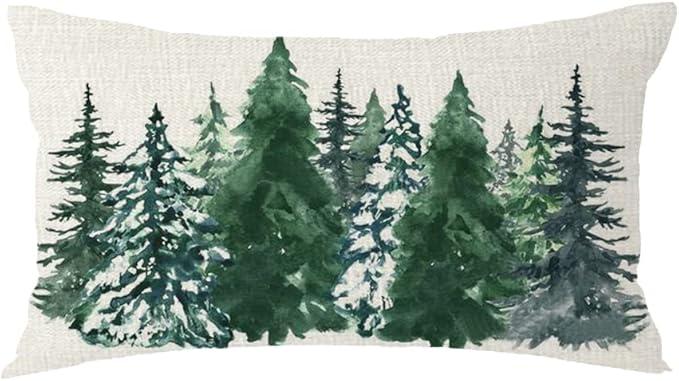 1-Pack Merry Christmas Snowflake Trees Pine Cedar Lumbar Decorative Throw Pillow Cover Cushion Case Cotton Linen for Bed Sofa Holiday Outdoor 12x20inches, Grass Green&white