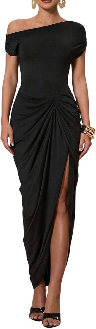 Floerns Women's Elegant Long Dress Asymmetrical Off Shoulder Ruched Slit Bodycon Cocktail Dresses (Black), XL