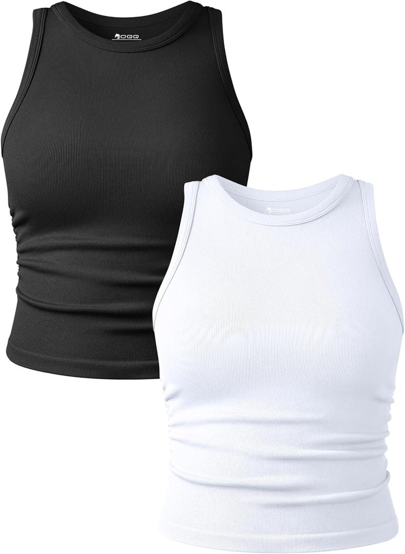 OQQ Women's 2 Piece Tank Tops Crew Neck Sleeveless Basic Stretch Casusal Yoga Crop Camis Black White, Large