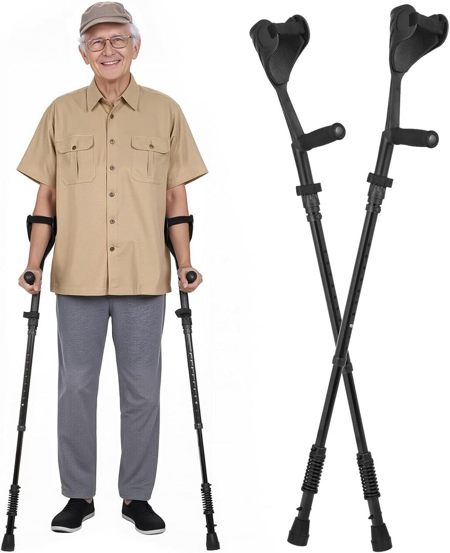 Forearm Crutches Spring Assist Arm Crutches Forearm for Adults | Comfortable Grip, Adjustable Height, Ergonomic Elbow Crutches with Cuffs Walking Crutches for Women and Men, Black