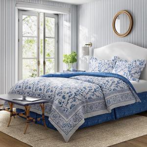 Laura Ashley - Twin Comforter Set, Soft & Reversible Cotton Bed Set, 3 Piece Floral Bedding with Matching Pillowcase & Bonus Bed Skirt (Charlotte Blue)