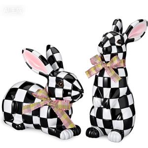 Yookeer 2 Pcs Easter Black and White Bunny Decor Easter Check Plaid Rabbit Statues Gift Decorations for Spring Home Decorative Bunny Ornaments for Table Centerpiece Living Room Decor