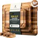 3 Pack Teak Wood Cutting Board Set for Kitchen Charcuterie Board Serving Heavy Duty Non Toxic Slip Over Sink Solid Thick Haus Wooden Chopping Board Large Big Small Meat Best Kitchen Essential Gift (Multi-Size Set | 3 Pack with Holder)