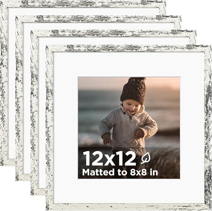 KINLINK 12x12 Picture Frame Black Set of 4, Wooden Square Photo Frames Matted 8x8 with Plexiglass for 8x8 with Mat or 12x12 without Mat for Table and Wall Display