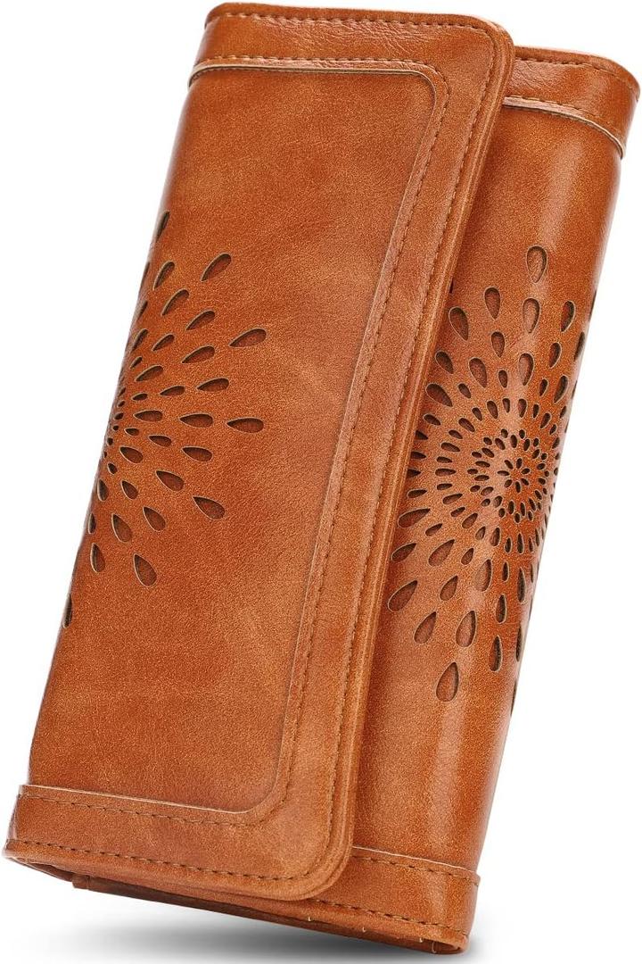 APHISON Womens Wallets RFID Blocking Leather Clutch Long Wallet for Women Card Holder Phone Organizer Ladies Travel Purse Hollow Out Sunflower Design Gift (BROWN)