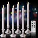 DRomance White Flameless LED Window Taper Candles Battery Operated with Remote and Timer Dimmable Flickering Light Dinner Wedding Christmas Holiday Decor LED Candles(6 Pack Silver Holder Included)