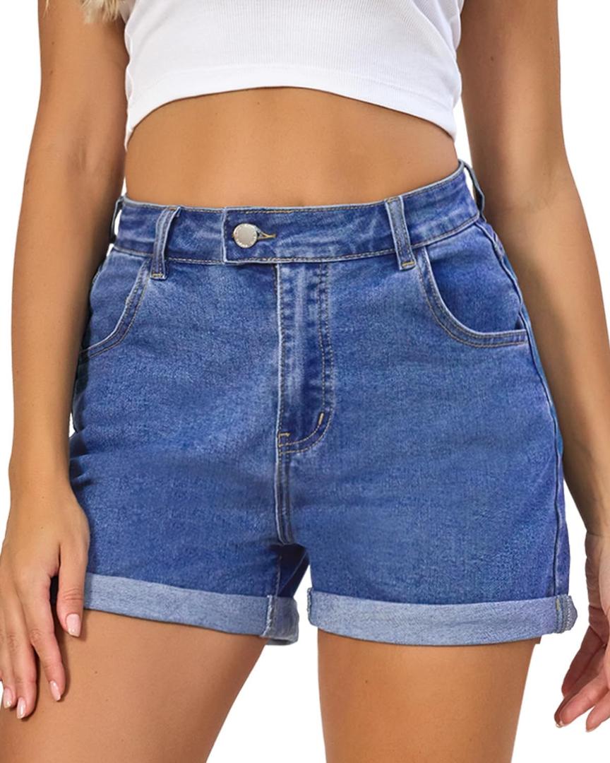 VIPONES Denim Shorts Women Stretchy High Waisted Fold Hem Jean Shorts 3.5 Inch Inseam Casual Summer Hot Shorts (Blue, L)