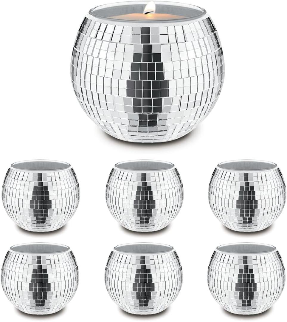 6 PCS Disco Ball Silver Votive Candle Holders,Glass Mirror Candle Holder Disco Ball Candle Holder Discos Balls Candle Vase Can Be Used for Wedding,Dining Table,Party Discos Decoration