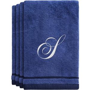Creative Scents Navy Blue Monogrammed Towels with Initials - 4 Pack Super Absorbent Bathroom Fingertip Cotton Towel with Soft Velour Finish - Personalized Gift for Freinds & Family 11" x18 Initial S