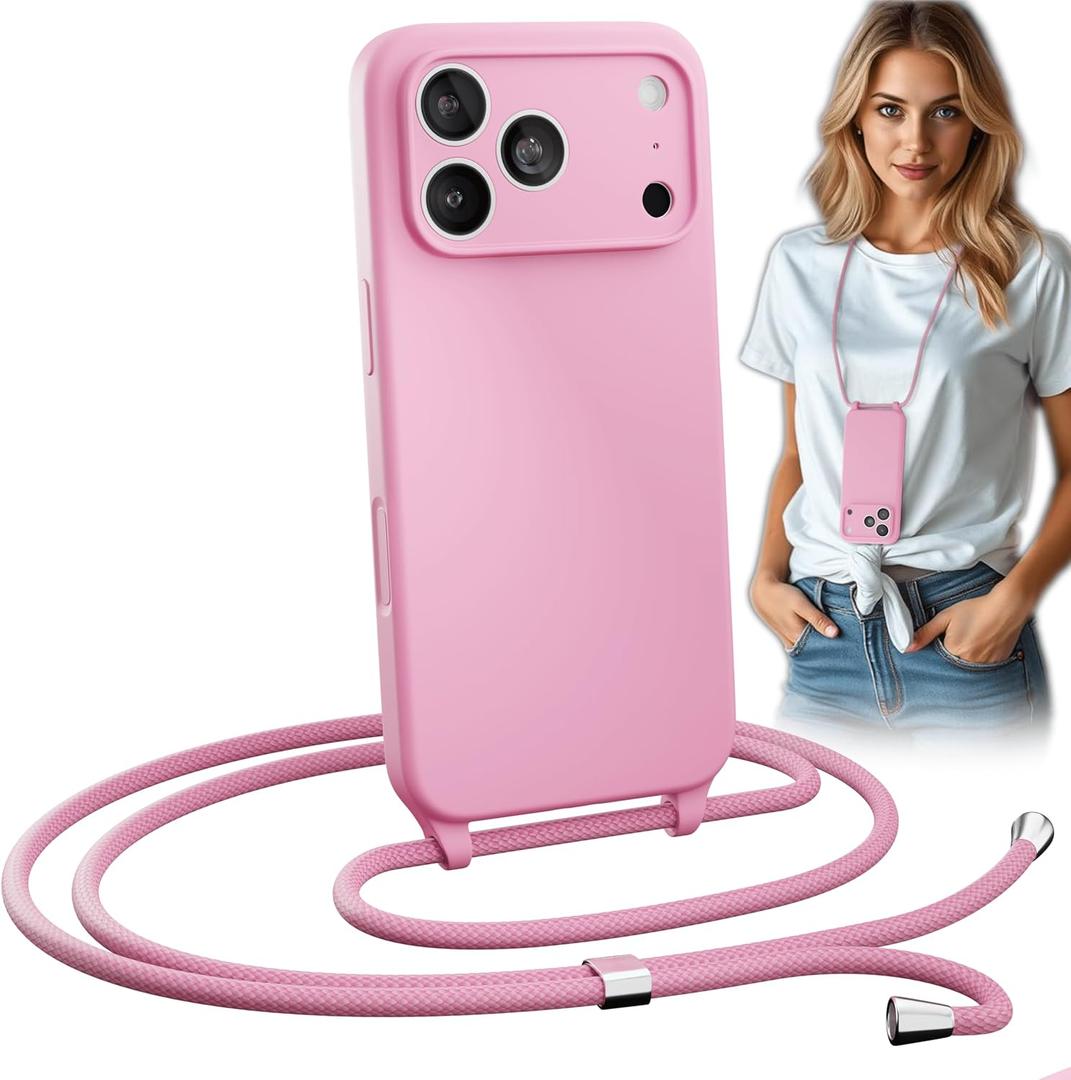 Blaspins Crossbody Lanyard Strap Case for iPhone 17 Pro, Hands-Free Neck Cross Body Wrist, Adjustable Rope Removable, Drop Protection Shockproof Silicone Case 6.3 inch, 150 cm Strap, iP17Pro - Pink