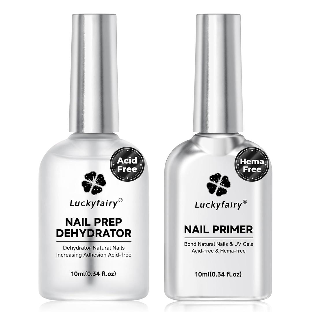Luckyfairy Nail Dehydrator and Primer, Acid-Free & HEMA-Free Nail Prep Kit for Gel Nails & Press ons, No Lift Primer, Strong Adhesion Bond, No Lamp Needed