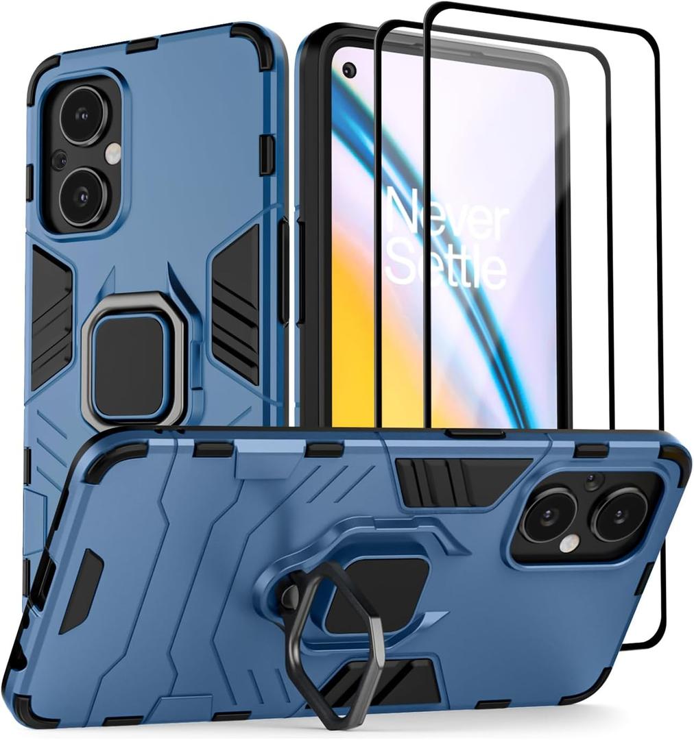 for Oneplus Nord N30 5G Case with 2 Pack Tempered Glass Screen Protector for 1+ Nord N30 5G, Full Protective Case with Metal Ring Magnetic Support Kickstand for Oneplus Nord N30 Blue