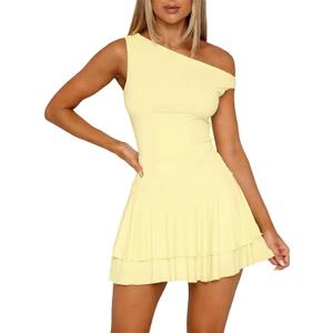 ForeFair Women's Sexy Off Shoulder Bodycon Mini Dresses Sleeveless Ruffle Hem Party Club Short Dress (Yellow, S)