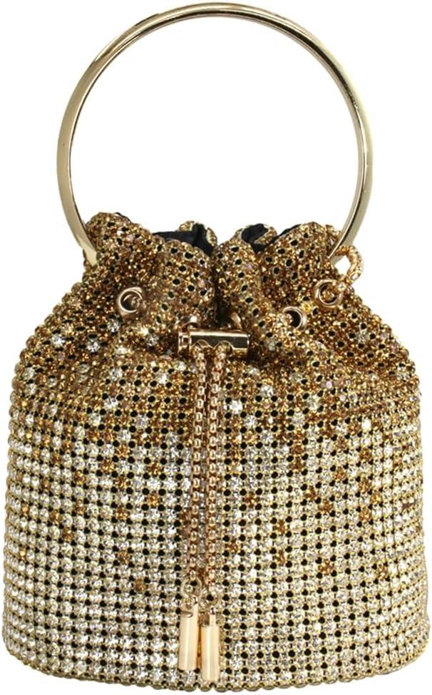 DJBM Ladies Full Diamonds Bucket Handbag Rhinestone Evening Bag Bling Clutch Purse for Women Party Prom Cocktail Wedding (Multi Gold L)
