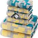 SEMAXE Bath Towel Set of 8 Include 2 Bath Towels 2 Hand Towels 4 Washcloths, 100% Cotton Bathroom Towels with Hanging Loops and Nano-Bio Lifecycle Labels, Colorful Towel - Checkered Collection