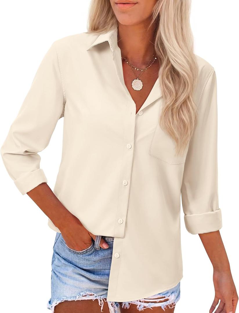 siliteelon Button Down Shirts for Women Dress Shirts Long Sleeve Wrinkle Free Work Office Fitted Cotton Blouse Tops (XX-Large, Beige)