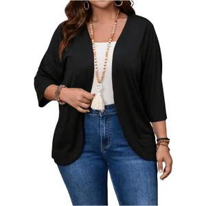 OYOANGLE Women's Plus Size 3/4 Sleeve Open Front Cardigan Dressy Casual Lightweight Jackets Outerwear Black 3X-Large Plus (Black, XXXL)