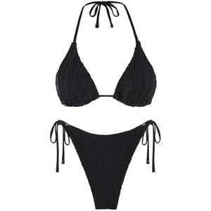 ZAFUL Bikini Sets for Women Halter Two Piece Swimsuit Ribbed High Cut Tie Side Thong Bathing Suit Sexy Padded Swimwear (Large)