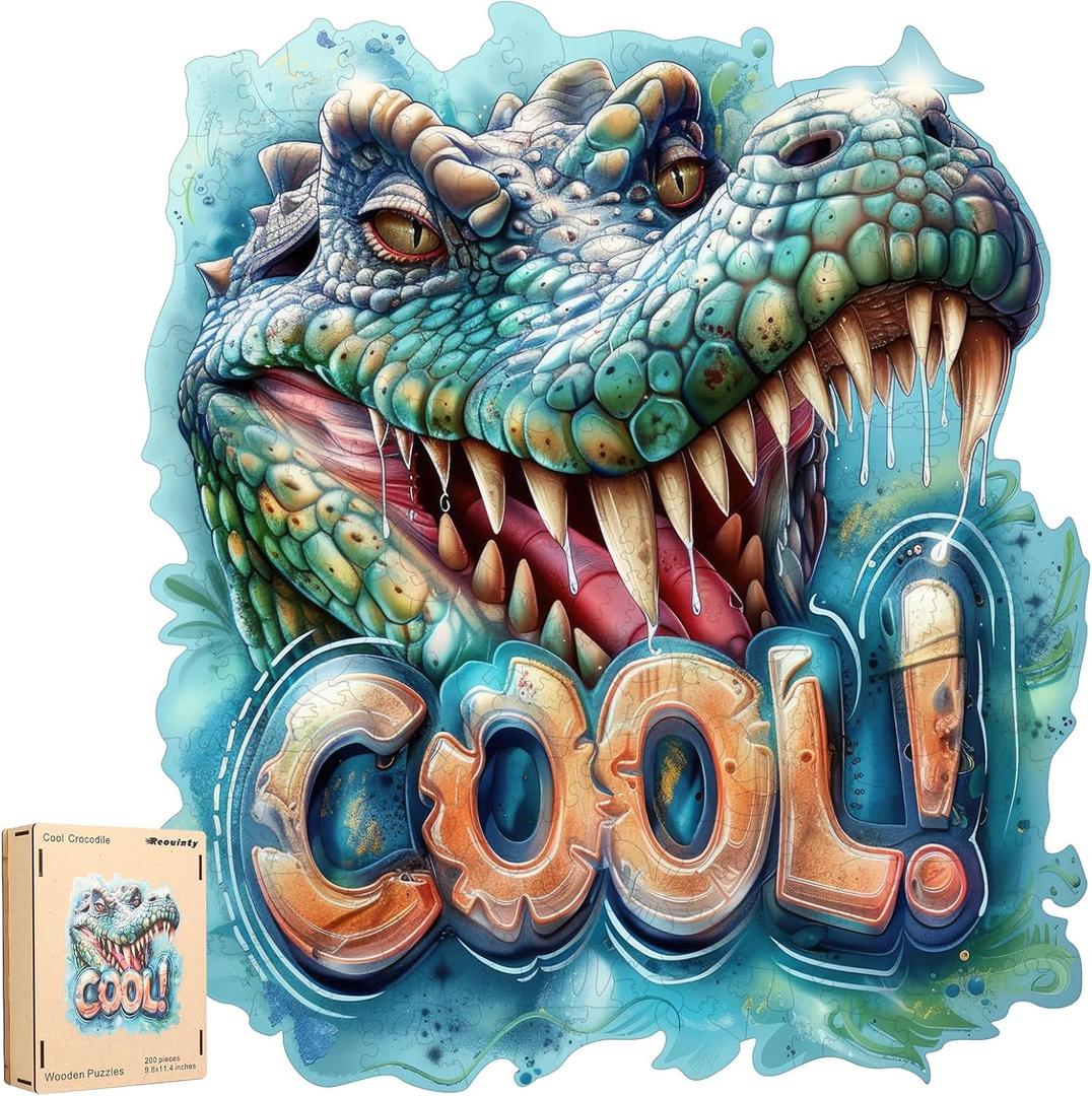 Reouinty Wooden Puzzles for Adults, Ugly Evil Puzzle, Crocodile Jigsaw Puzzles 200 Pieces, Animal Unique Shaped Wood Cut Puzzle Gifts for Family Games 9.7x11.2 in