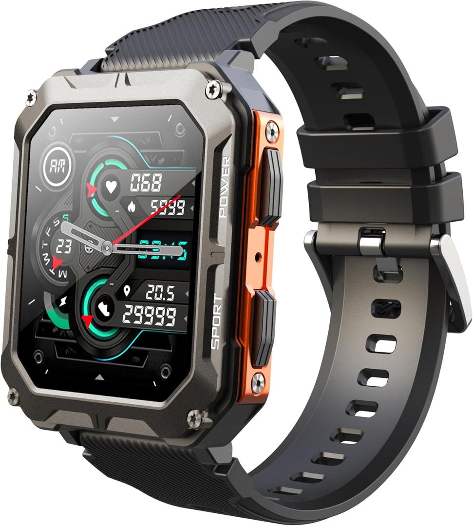 Gravity C20 Pro 1.83" Rugged Smartwatch, IP68 Waterproof, Bluetooth Call, AI Voice, 100+ Sports Modes, Heart Rate & Sleep Monitoring, Shockproof, Fitness Tracker for iOS & Android (Orange)