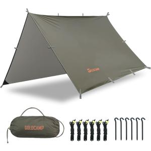 GOLDCAMP Waterproof Camping Tarp70D Nylon 10X10FT Hammock Rain Fly UV 50+ and PU15000mm Tent Tarp Shelter CanopyHeavy Duty Multifunctional Sun Shade or Rain Fly Essentials for Hiking Backpacking