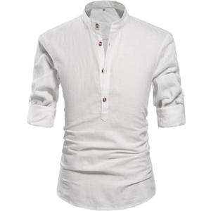 NITAGUT Men Henley Neck Long Sleeve Daily Look Linen Shirts (Medium, White)