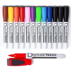 Magnetic Dry Erase Markers With Eraser Cap Low Odor Fine Tip Whiteboard Pens Markers for Kids Thin Box of 12, Color Different