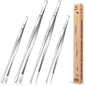 4 Pcs Fine Long Tweezer Tongs Professional Silver, 12'' and 10'' Stainless Steel for Kitchen, Food, Cooking, Repairing, Sea food and BBQ