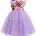 OBEEII Toddler Girls 3D Flower Tulle Dress Elegant Wedding Flower Girl Dress Princess Birthday Party Ruffle Dress Formal Sleeveless Baptism Pageant Dress Bowknot Mesh Ball Gown Dress Purple 7-8 Years