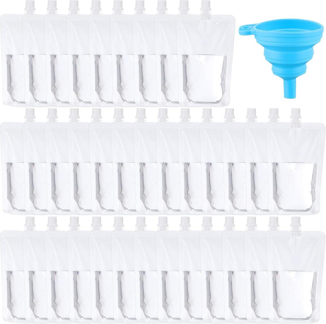Patelai 150 Pieces Plastic Liquid Pouch Reusable Juice Pouches Travel Water Leak Proof Bags Bulk with Collapsible Silicone Funnel for Travel Outdoor (12 oz)
